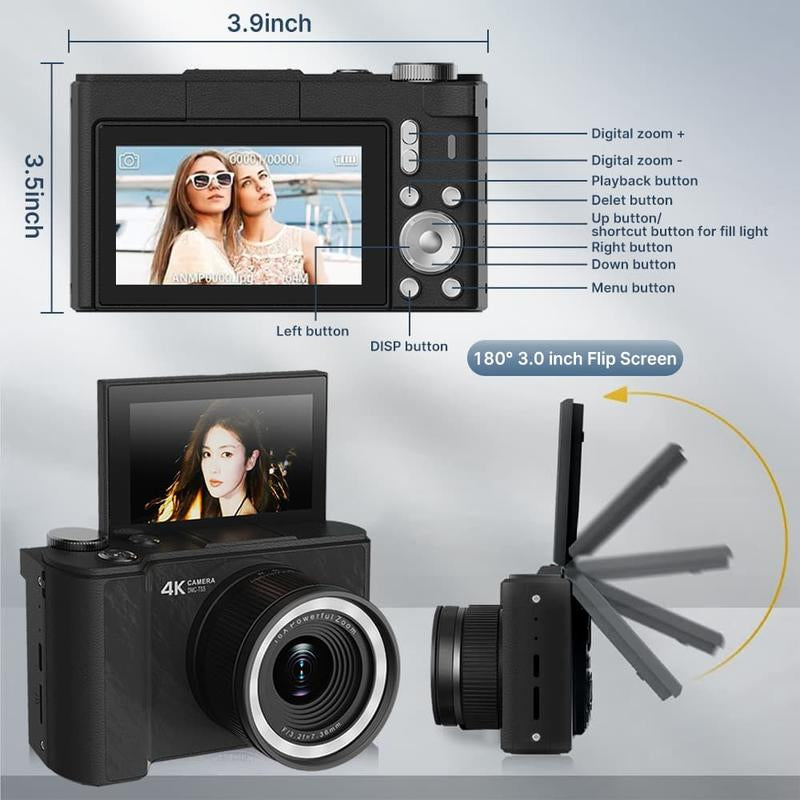 4K Digital Camera for Photography, Y2K Foldable Screen Portable Vlogging Camera with 32GB SD Card, Wrist Strap, Self Timer, Anti-Shake, 16X Digital Zoom, Ideal Gift for Girls, Boys Teenagers, and Beginners, Birthday Christmas Gift